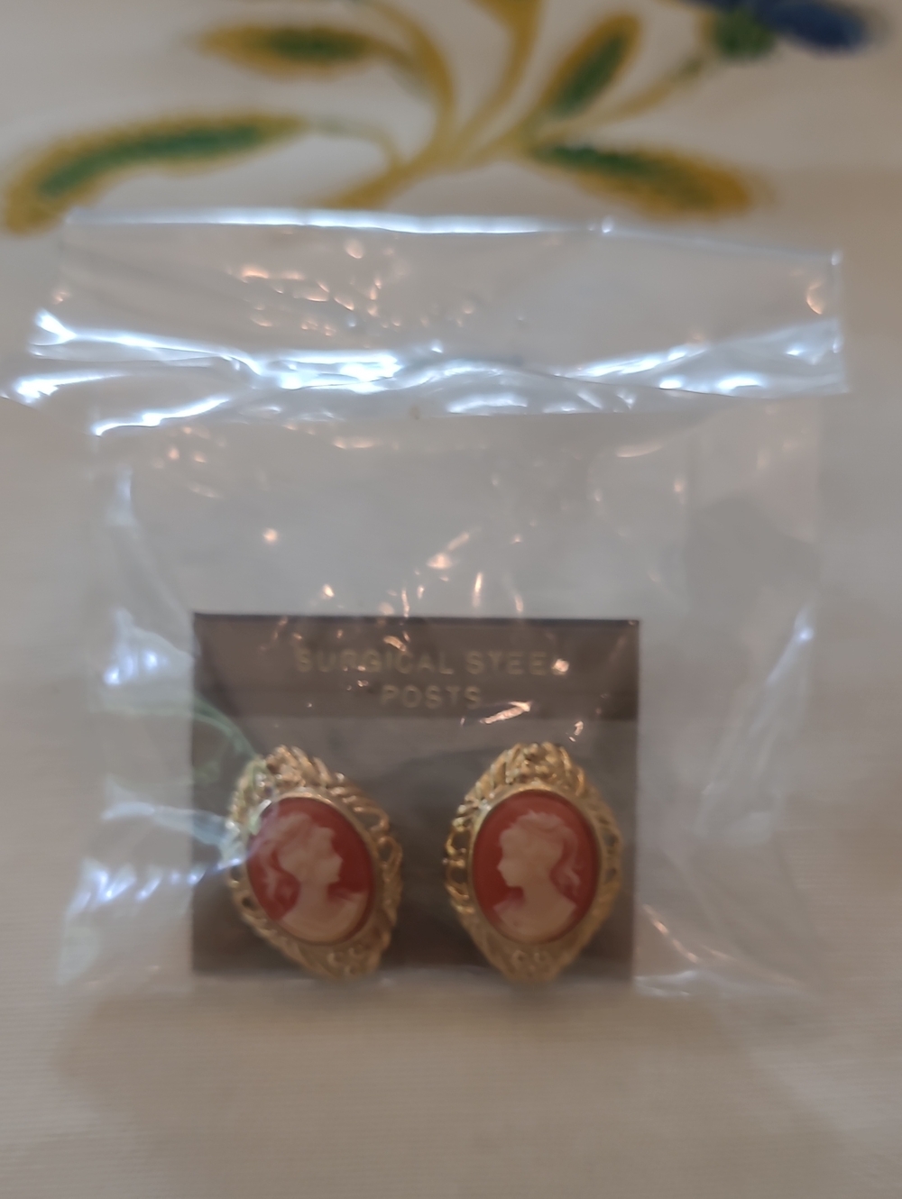 New Old Stock Vintage Faux Coral Cameo Stud Gold-Tone Earrings